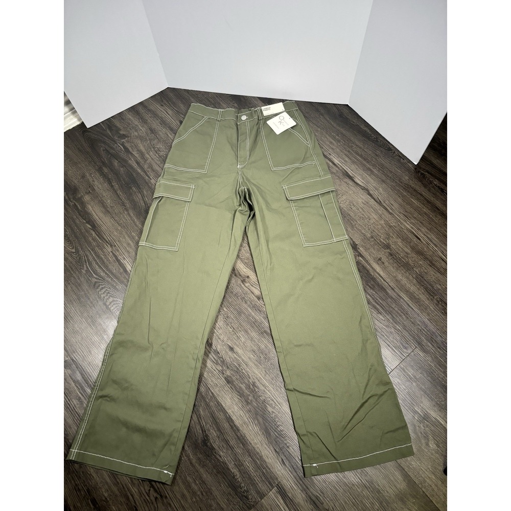 Orange Kiss Essentials Womens L Green Cargo Pants Utility Elastic Waist Wide Leg
